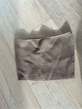 Babaton Taupe Ribbed Knit Mini Skirt